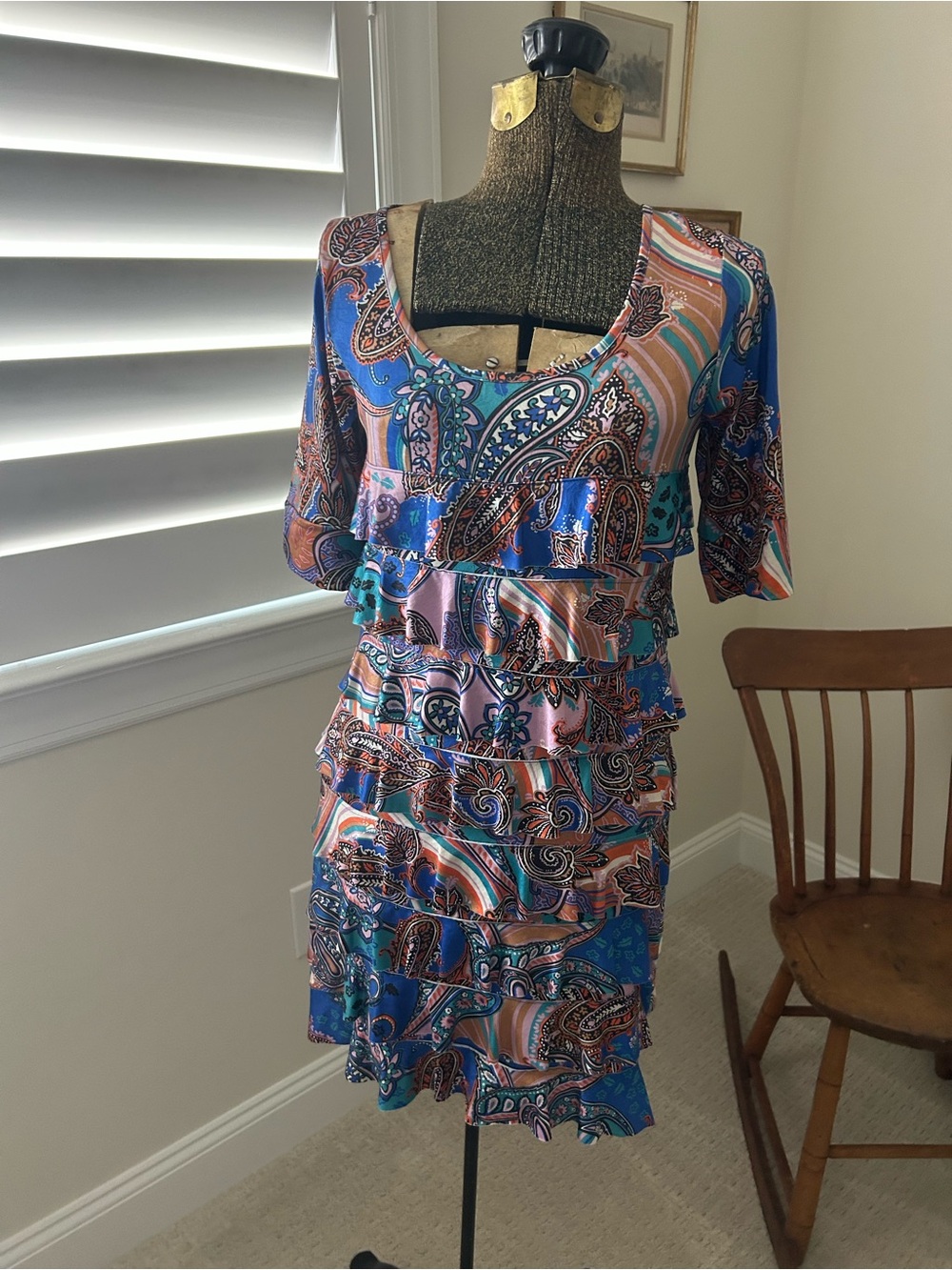 Women’s Blue Paisley Ruffle Tiered Dress